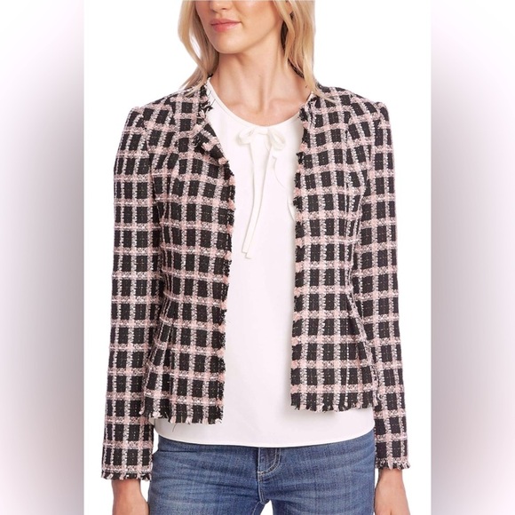 NWT-CeCe Black‎ and Pink Long Sleeve Grid Tweed Frayed Blazer/Jacket Size 6 - Picture 1 of 10